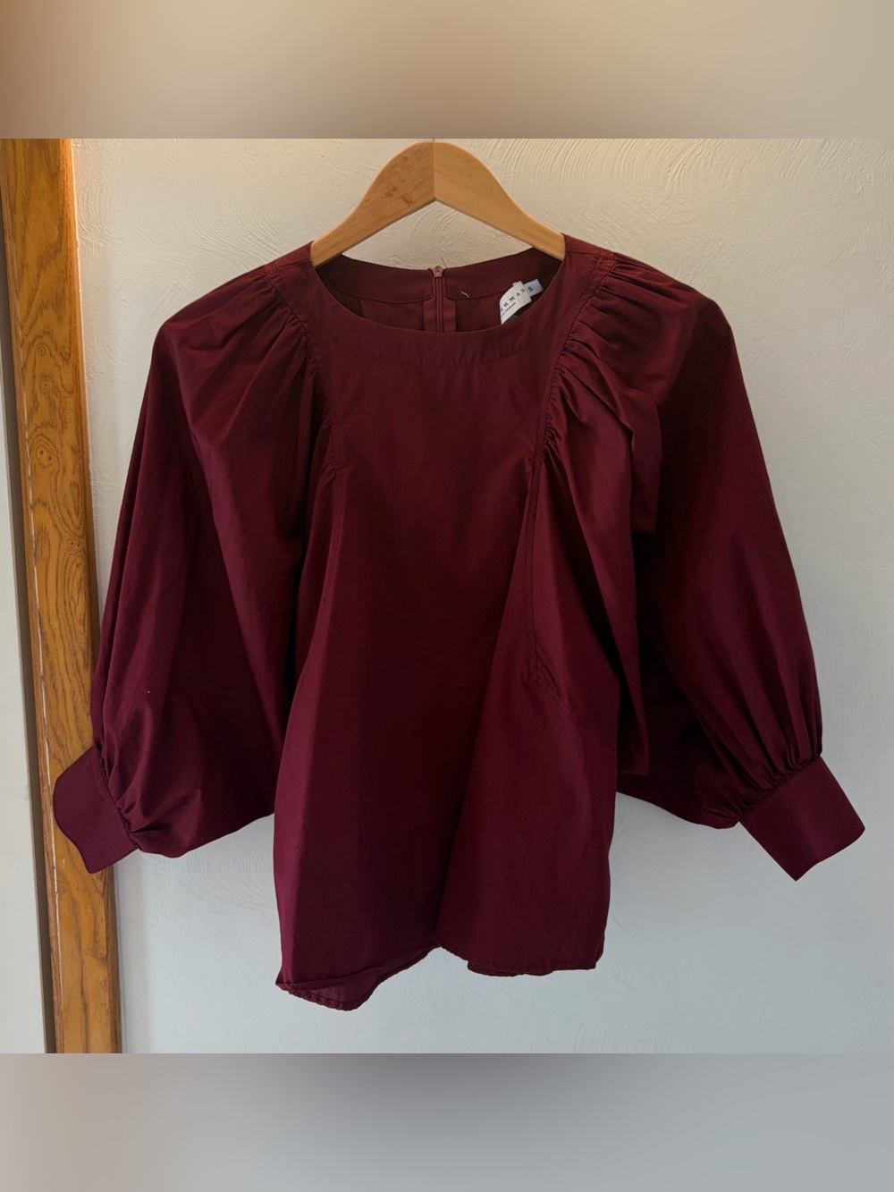 Women's Burgundy Puff-Sleeve Blouse with Gathered Yoke